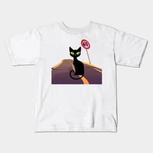 Black Cat Standing on the Road Kids T-Shirt